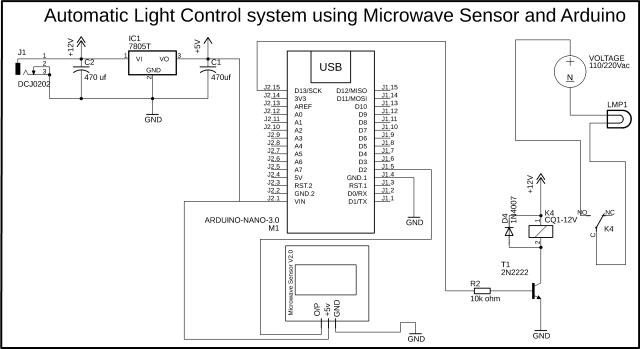 采用数字微波传感器、继电器和Arduino控制板的自动光控系统