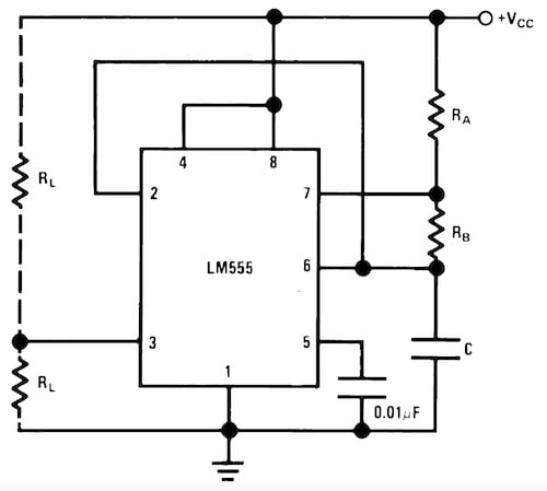 LM555 定時器設(shè)置，用于非穩(wěn)定運行模式