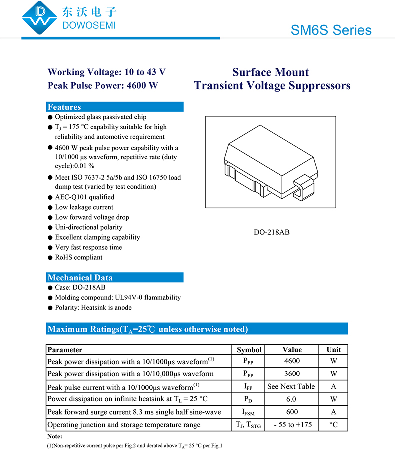 關于TVS二級管SM6S系列產品型號的參數介紹
