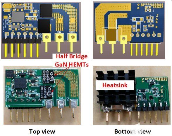 初级侧半桥子卡 PCB 布局（顶部）和图片（底部）。