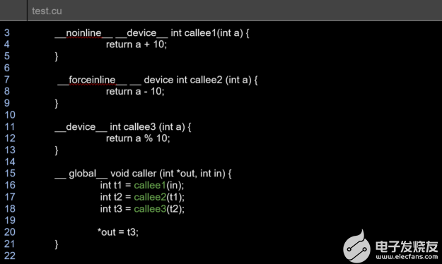 test.cu is a sample CUDAprogram where the global function caller invokes three device function:s callee1, callee2, callee3, where the callee1 and callee2 device functions are qualified with __noinline__, __forceinline__ respectively.