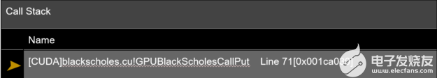 A snapshot of the call stack at the point of array out-of-bounds exception from the same program discussed around Figure 1 but compiled using toolkit prior to CUDA 11.2. The call stack shows a single function that reads blacksholes.cu!GPUBlackScholesCallPut, which is not the function that caused the exception. This is because all the other functions are inlined and there isn't sufficient debug information to generate all the call stack.