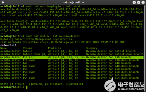 The terminal output of `sudo dnf module list nvidia-driver`.