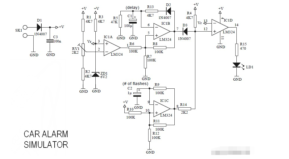 使用LED作为模拟输出的汽车警报模拟器电路