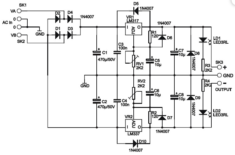 可调对称1至24VDC/1A电源电路图