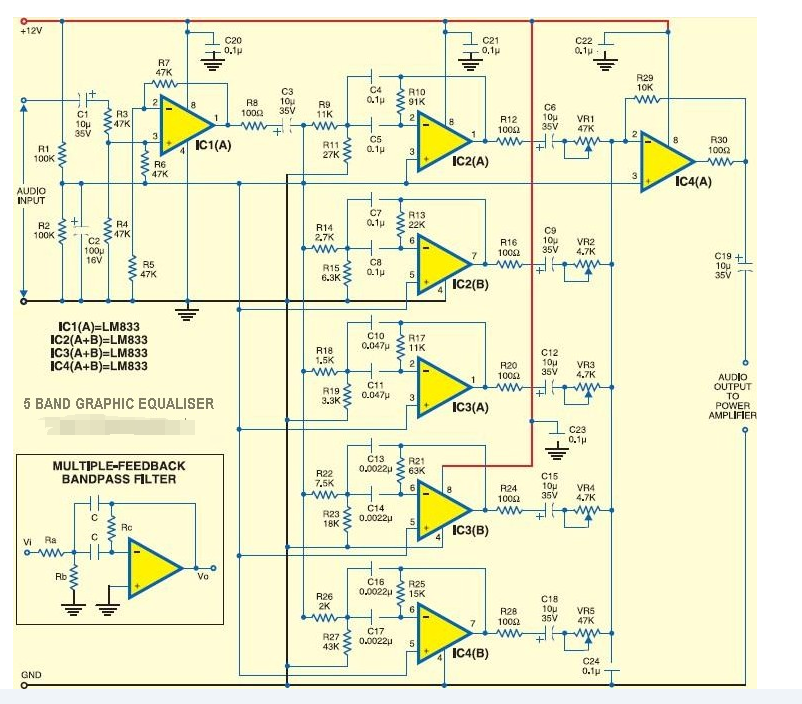 使用NE5532和LM833构建5频段图形均衡器电路
