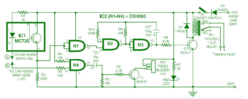 基于CD4093的汽車音響系統(tǒng)防盜安全電路圖