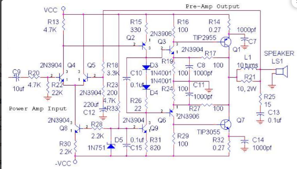 70W OCL功率放大器的电路图
