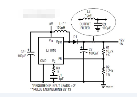 <b>一</b><b>个</b>基于LT1070<b>构建</b>的5VDC至12VDC升压转换器<b>电路</b>