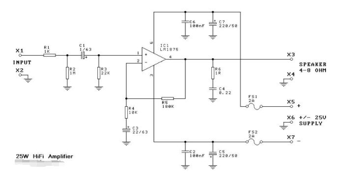 基于LM1875<b class='flag-5'>构建</b>的25瓦Hi-Fi<b class='flag-5'>音频放大器</b><b class='flag-5'>电路</b>图