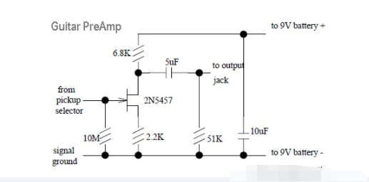 基于JFET 2N5457的吉他<b>前置放大器</b><b>电路</b>