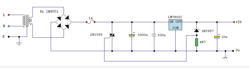 具有过压保护功能的5V稳压电源电路的电路图