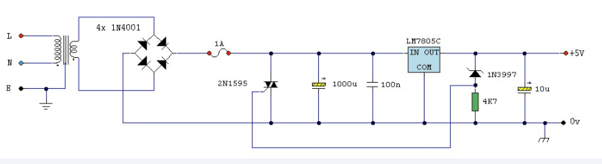 具有過壓保護功能的5V穩壓電源電路的電路圖