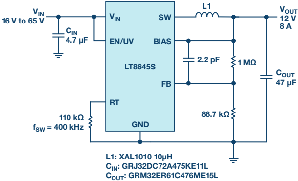 具快速瞬态响应和超低 EMI 辐射的<b class='flag-5'>单片式</b> 65 V、8 A 降压型稳压器
