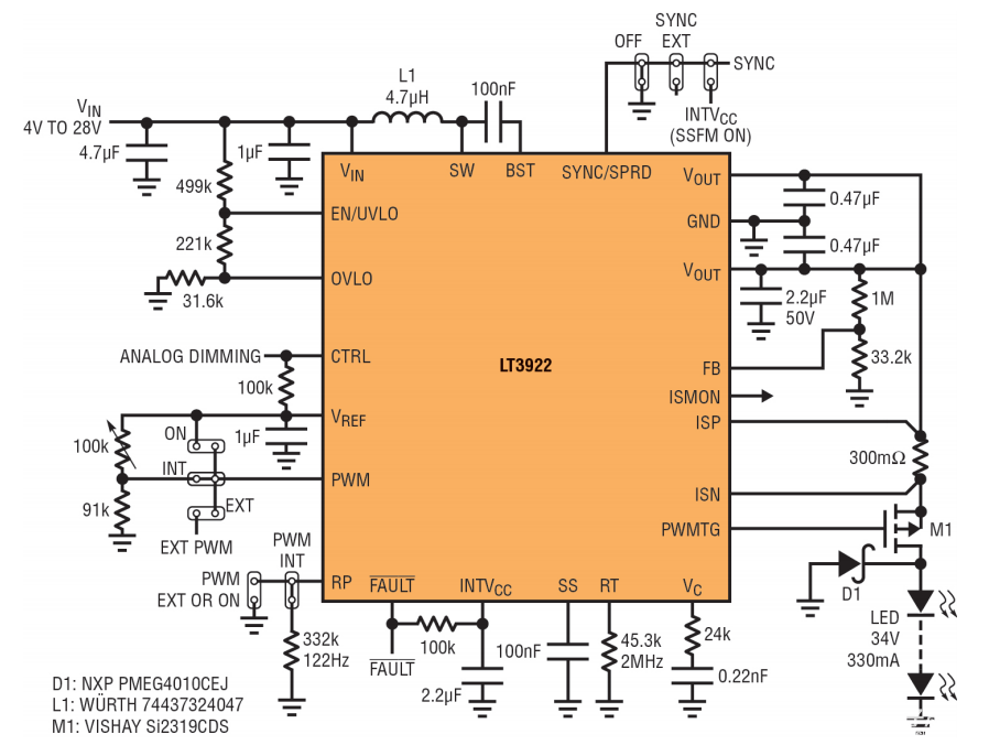 具有集成開關和內部PWM調光功能的<b class='flag-5'>LT3922</b>