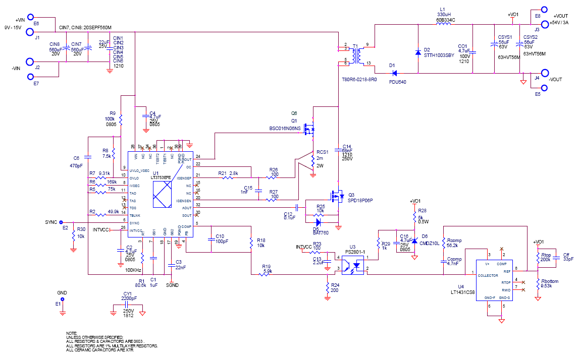 LT3753 9V-15V输入至54V/3A隔离式正激式转换器