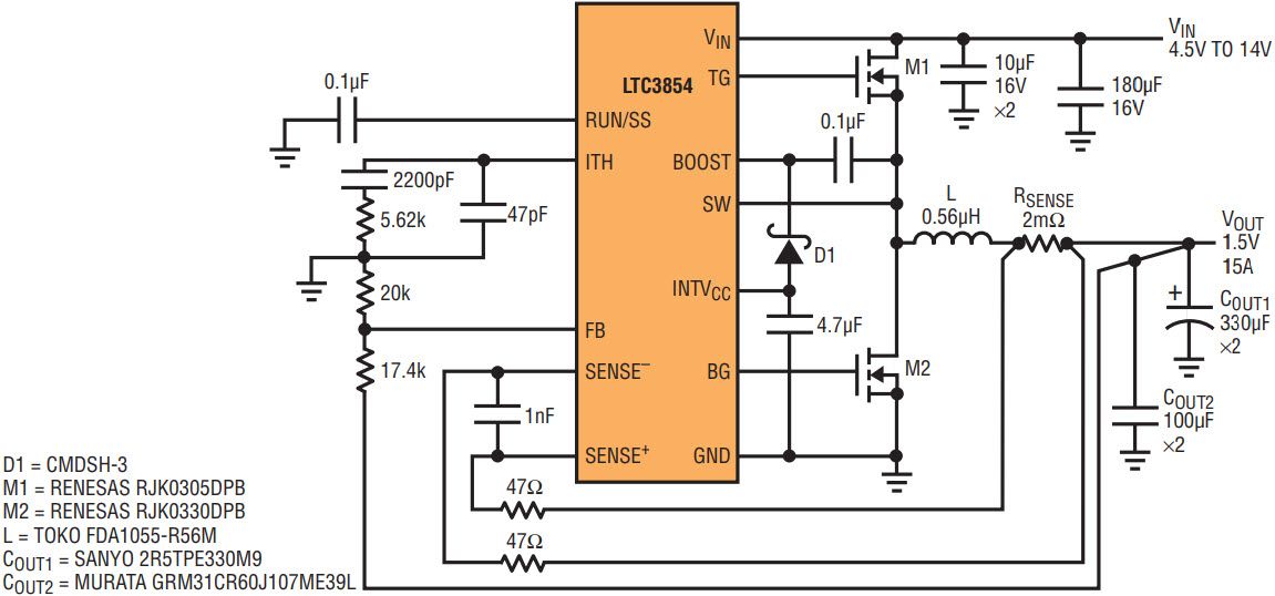 LTC3854<b>降压</b><b>型</b>DC/DC<b>控制器</b><b>最大限度</b>地<b>减小解决方案</b><b>尺寸</b>