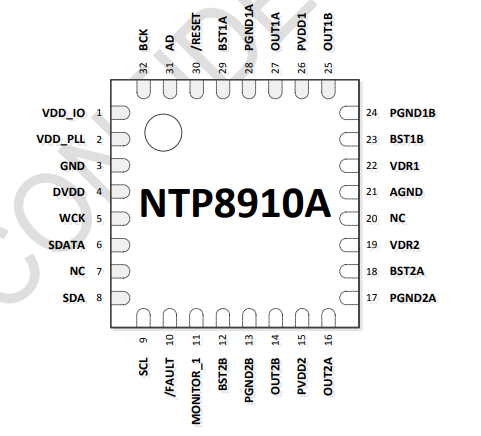 NTP8910A(内置DSP、10W双声道立体声 I2S数字功放芯片)