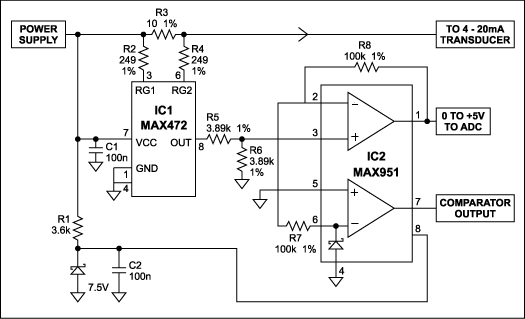 两个IC将4-20mA信号转换为0-5V输出
