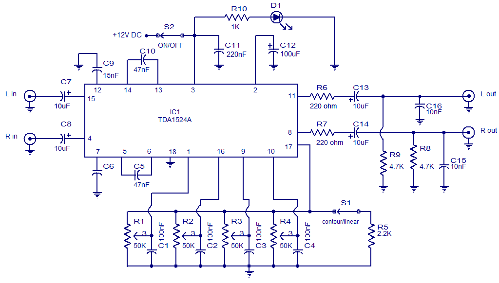 基于TDA1524的带音调控制的<b>立体声</b><b>前置放大器</b><b>电路</b>