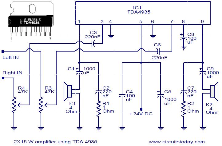 基于TDA4935的2X15瓦立体声放大器电路