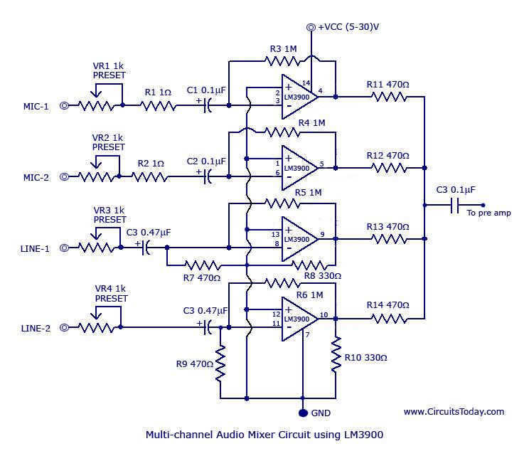 基于LM3900四通道放大器的簡單多通道混音器電路