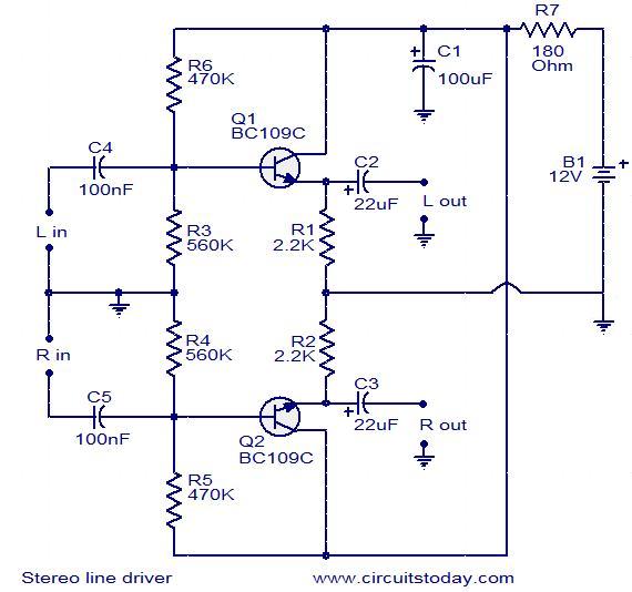 一個低成本立體聲線路驅動器的電路圖