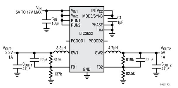 双通道1A输出同步降压型稳压器具有超低静态电流