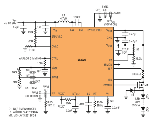 <b class='flag-5'>同步</b>、低 EMI <b class='flag-5'>LED</b> <b class='flag-5'>驅(qū)動器</b>具集成式開關(guān)和內(nèi)部 PWM 調(diào)光能力