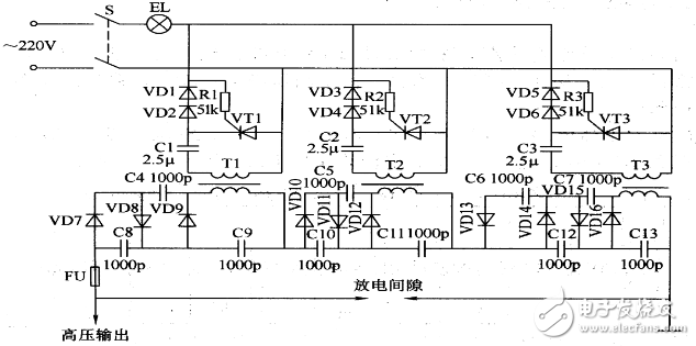 电路工作原理该高压静电发生器电路由振荡升压电路和倍压整流电路组成