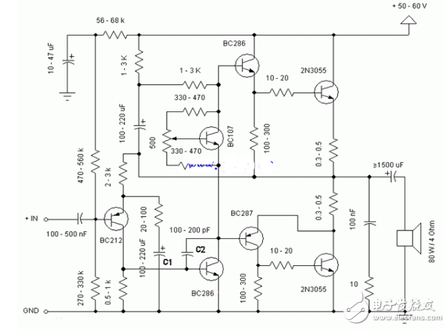 2n3055簡易功放電路圖大全（音頻功率放大器/揚聲器/晶體管）