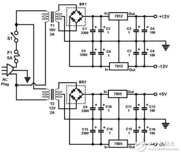 三端稳压器的多路输出直流稳压电源电路图7905稳压电源电路图大全lm