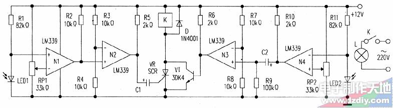 LM339雙穩態觸發電路制作的光控燈電路