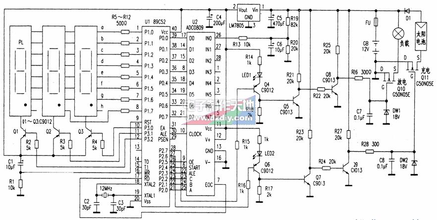 用AT89C52制作太陽能電池?cái)?shù)顯充放電控制器