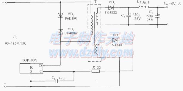 <b class='flag-5'>TOP</b>100Y構成的+5V、1A輸出的<b class='flag-5'>反</b><b class='flag-5'>激</b><b class='flag-5'>式</b>直流開關穩(wěn)壓<b class='flag-5'>電源</b>電路,<b class='flag-5'>TOP</b>110 POWER SUPPLY