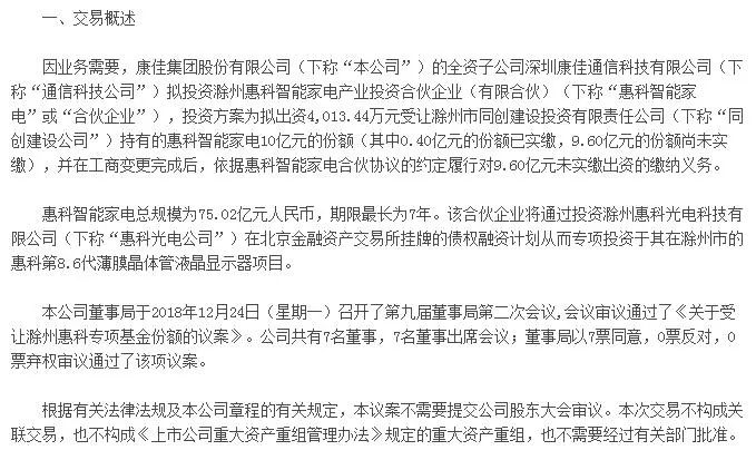 深康佳10亿元支持滁州惠科8.6代线！子公司拟受让惠科智能家电13%股权