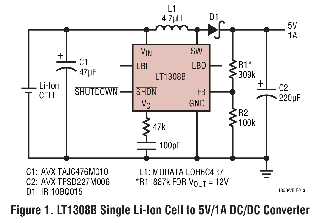 LT1308A 大电流、微功率、单电池、600kHz DC/DC 变换器