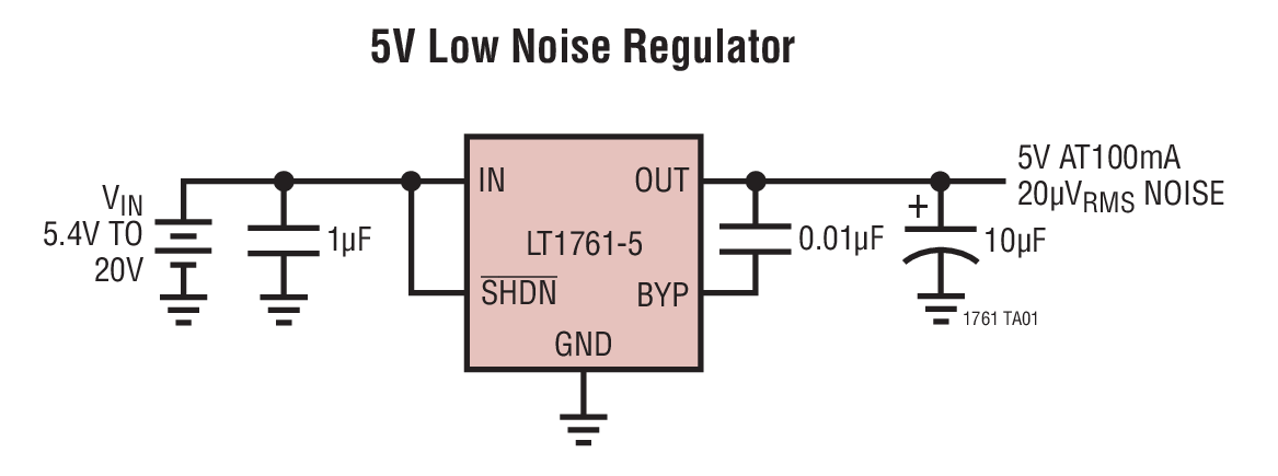 LT1761 采用 SOT-23 封装的 100mA、低噪声、LDO 微功率稳压器