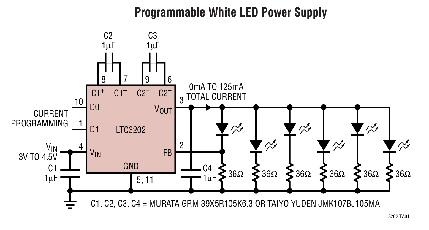 <b class='flag-5'>LTC3202</b> 用于<b class='flag-5'>白光</b> <b class='flag-5'>LED</b> 的低噪声、高效率充电泵