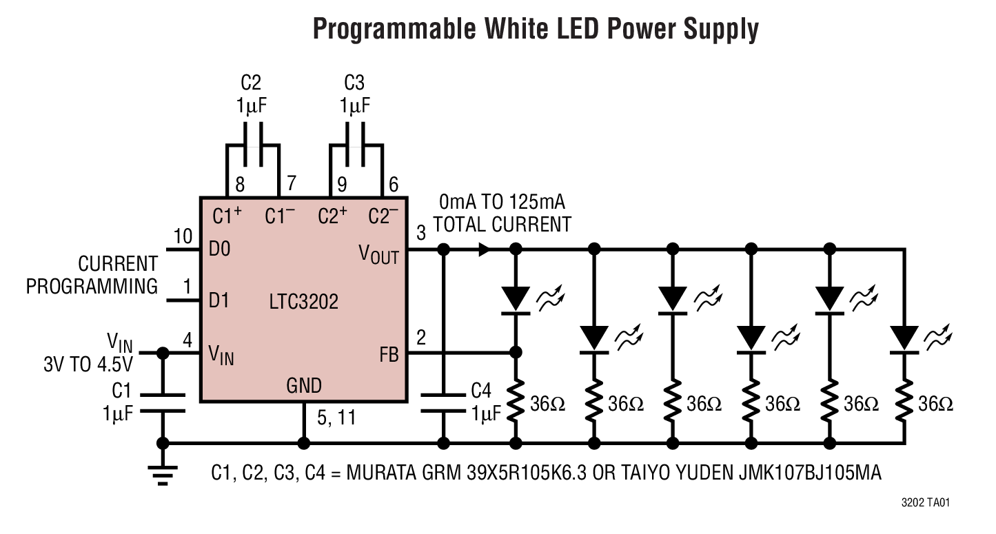 <b class='flag-5'>LTC3202</b> 用于<b class='flag-5'>白光</b> <b class='flag-5'>LED</b> 的低噪聲、高效率充電泵