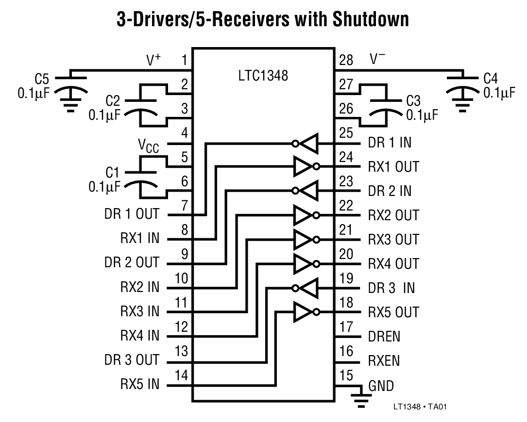 LTC1348 3.3V/5V、低功率、RS232、3 驱动器 / 5 接收器收发器