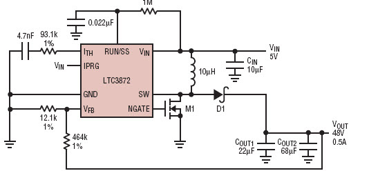 提供高达05a电流的5v输入48v输出升压稳压器ltc3872