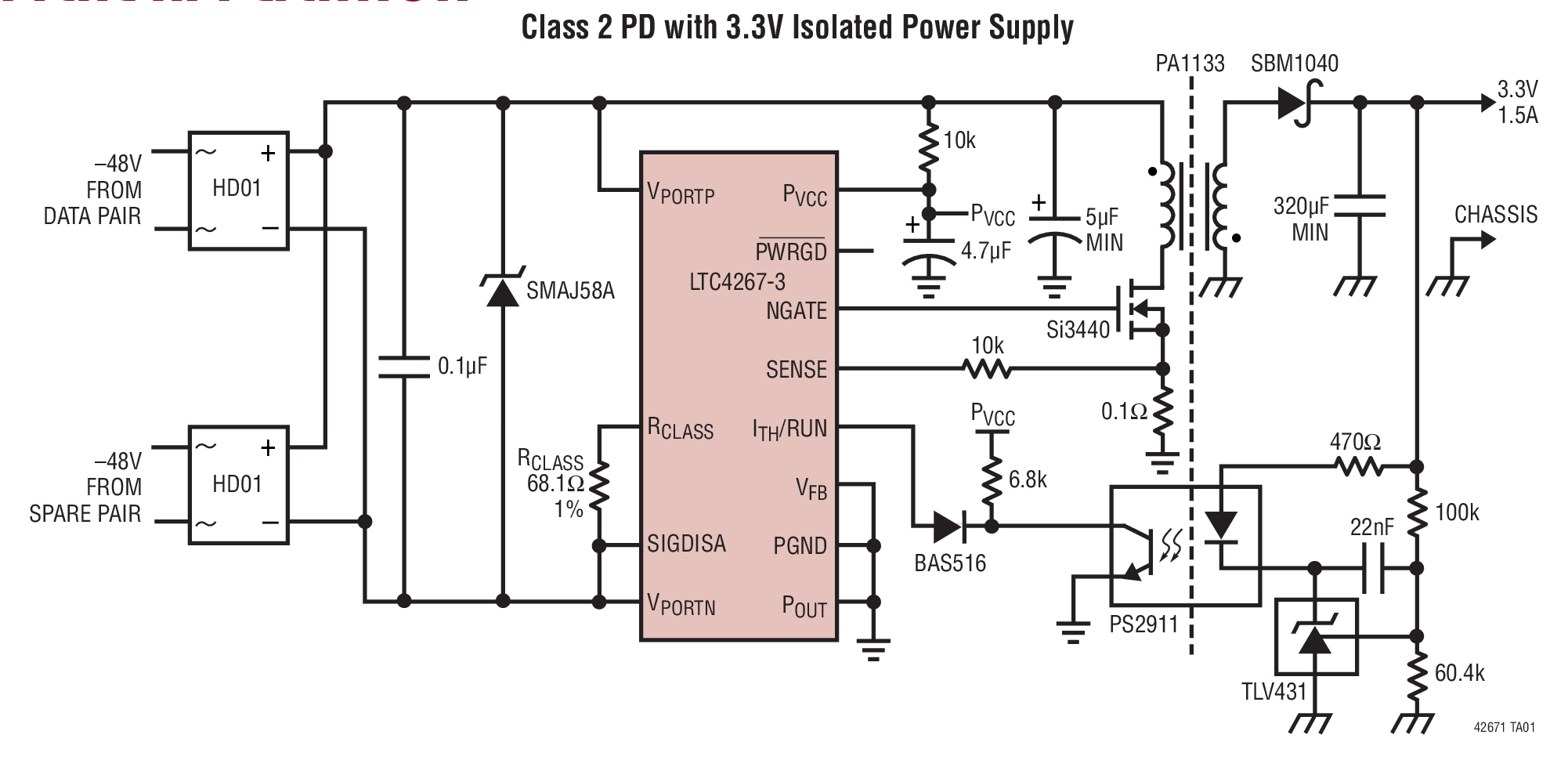 LTC4267-3 具集成型开关稳压器的以太网供电 IEEE 802.3af PD 接口