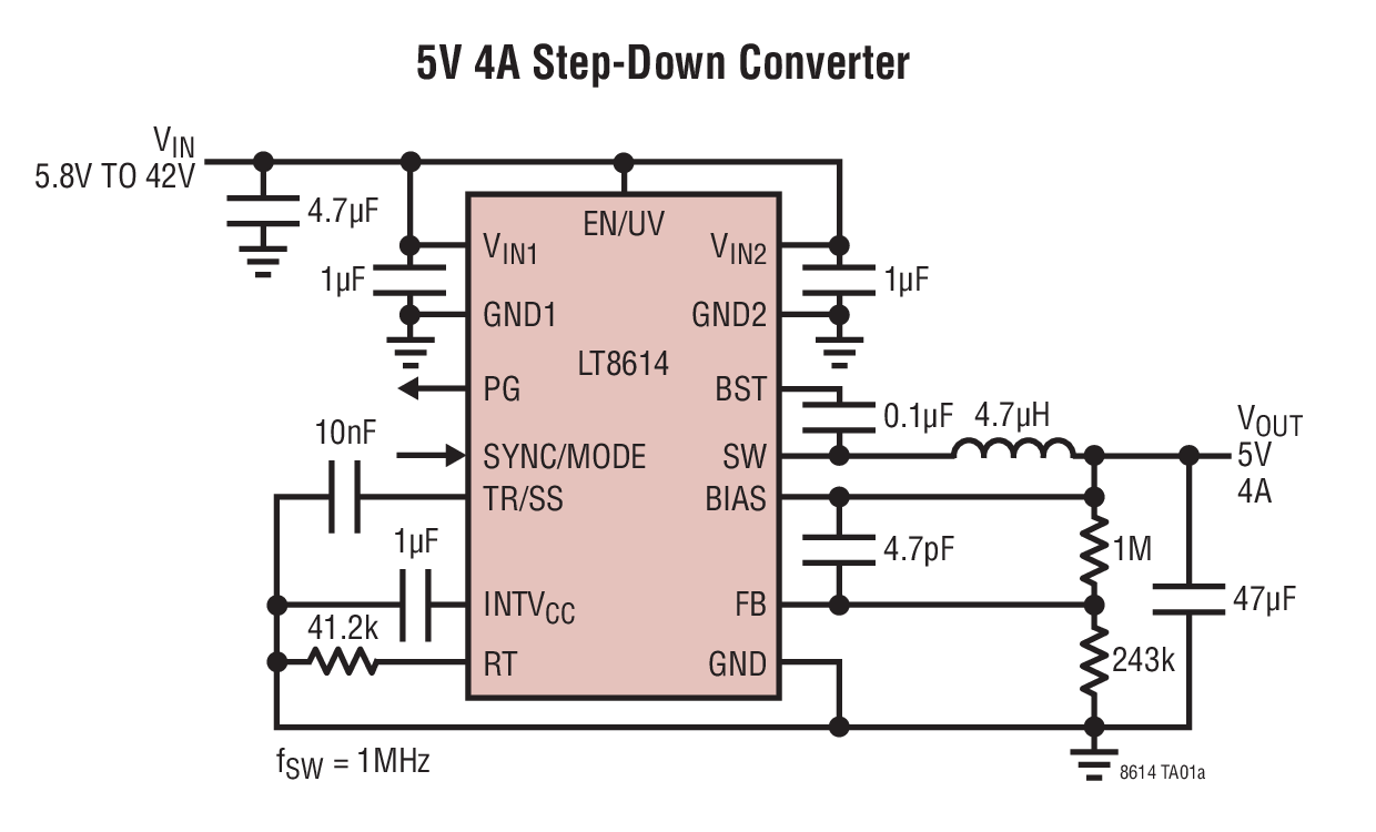 <b class='flag-5'>LT8614</b> 具 2.5μA 静态<b class='flag-5'>电流</b>的 42V、4A 同步降压型 Silent Switcher