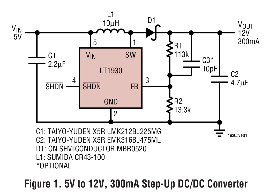 LT1930 采用 ThinSOT 封裝的 1A，1.2MHz/2.2MHz 升壓型 DC/DC 轉換器