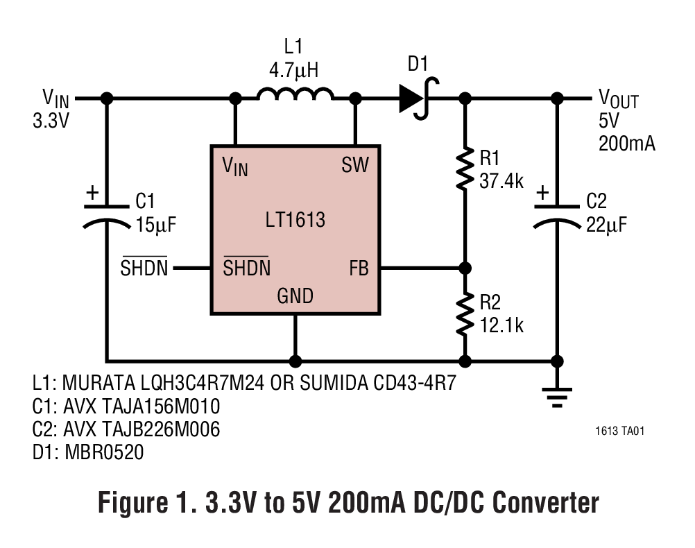 LT1613 采用 5 引脚 SOT-23 封装的 1.4MHz、单节电池 DC/DC 转换器