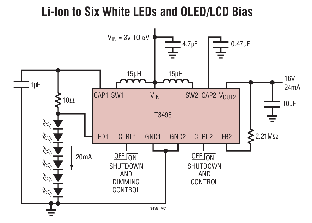 LT3498 采用 3mm x 2mm DFN 封装、具集成肖特基二极管的 20mA LED 驱动器和 OLED 驱动器