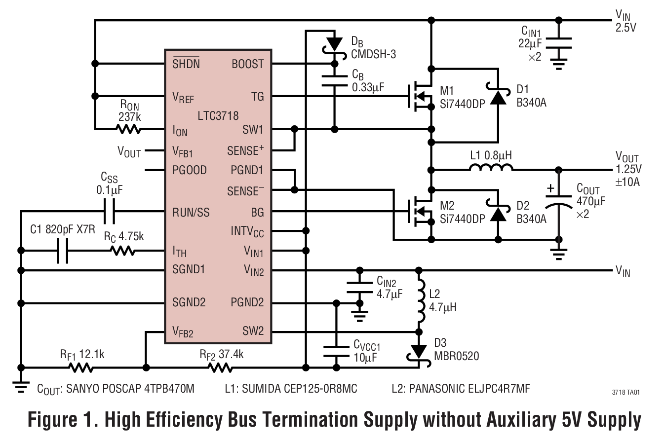 LTC3718 用于 DDR/QDR 存储器终端的低输入电压 DC/DC 控制器