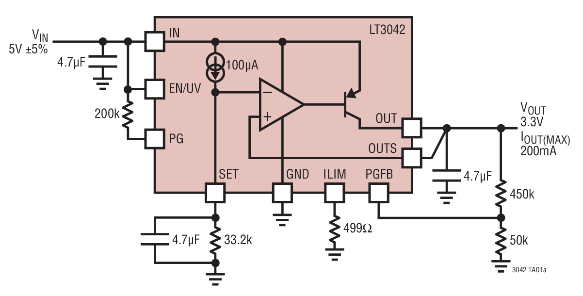 <b>LT3042</b> 20V、200mA、超低噪声、超高 PSRR RF <b>线性</b><b>稳压器</b>
