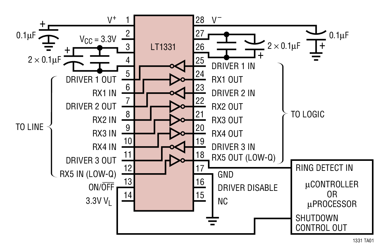 LT1331 在停机模式中 1 个接收器处于运行状态的 3V RS562 或 5V/3V RS232 收发器